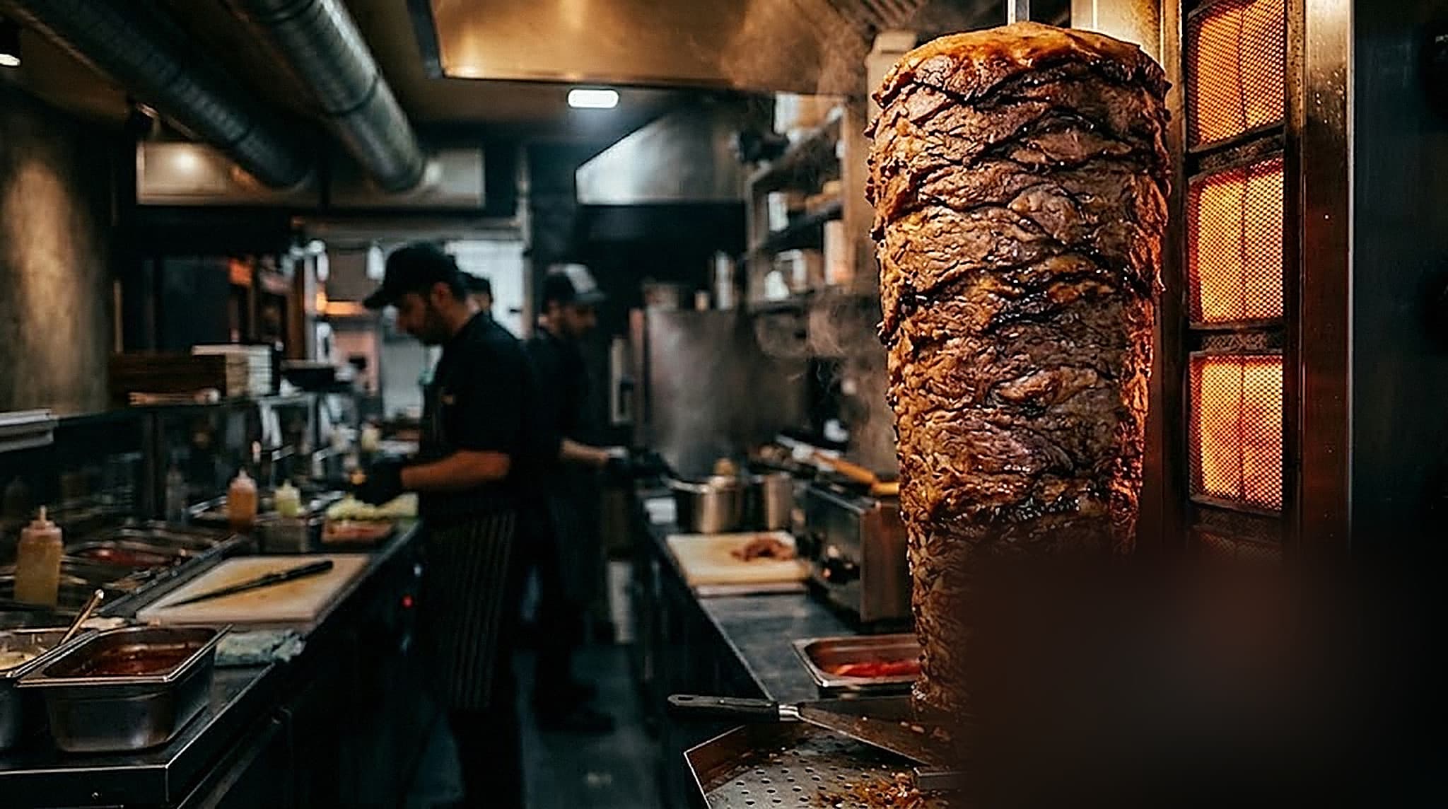 Yakup Usta'nın mutfağında ateşin önünde dönen büyük bir döner şişi